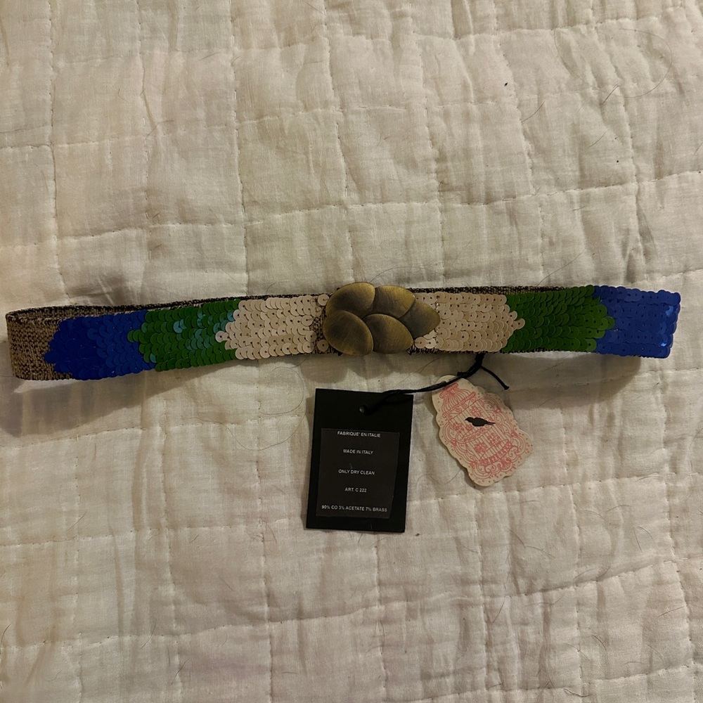 NWT Sequin Belt Made in Italy Elastic with Brass Closure Size Small